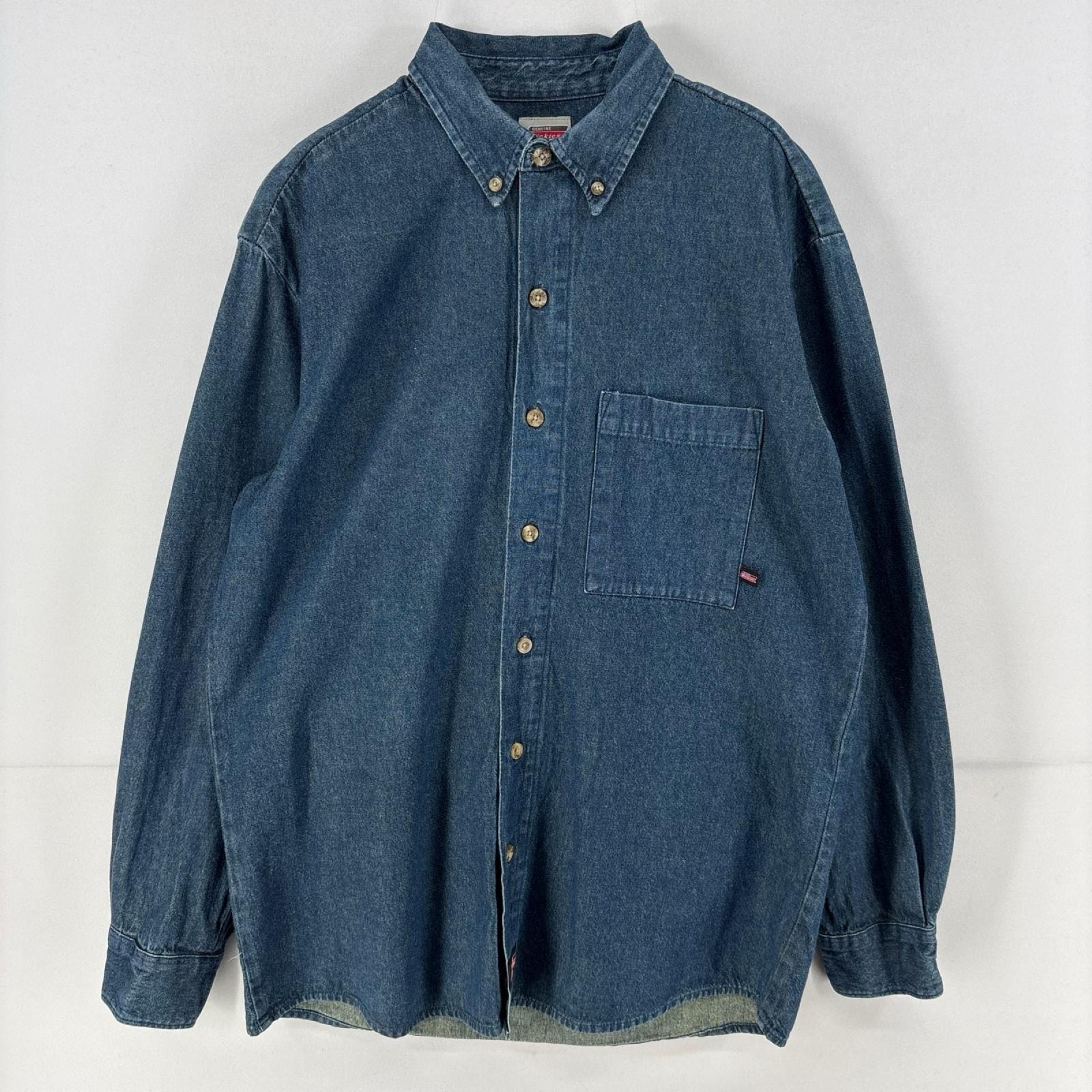 古着 ディッキーズ Dickies 長袖シャツ ワンポイント ボタンダウン 胸ポケット デニム ワークシャツ M  ブルー メンズ