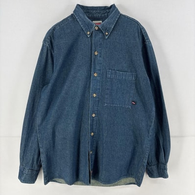 古着 ディッキーズ Dickies 長袖シャツ ワンポイント ボタンダウン 胸ポケット デニム ワークシャツ M ブルー メンズ