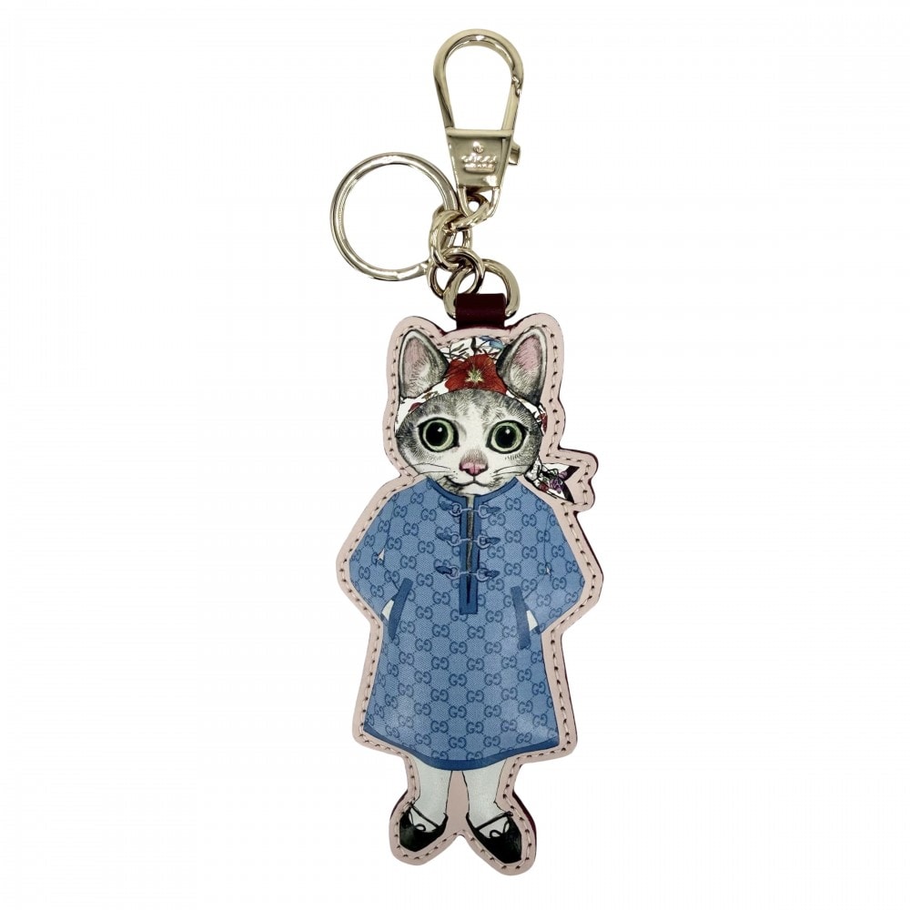 GUCCI グッチ キーリング ヒグチユウココラボ キーホルダー チャーム 猫 アクセサリー GGスプリーム 851743 レザー    ブルー 青 ピンク ゴールド金具 レディース 美品【中古品】