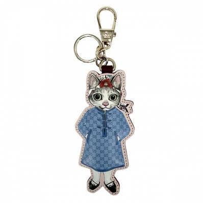 GUCCI グッチ キーリング ヒグチユウココラボ キーホルダー チャーム 猫 アクセサリー GGスプリーム 851743 レザー ブルー 青 ピンク ゴールド金具 レディース 美品【中古品】