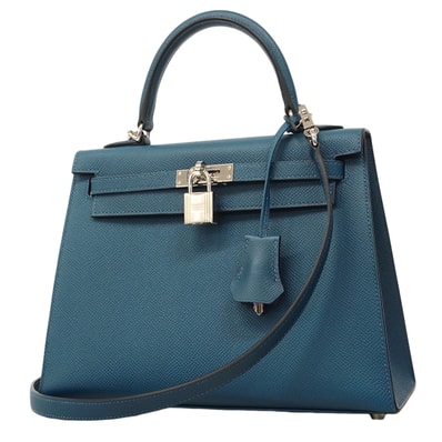 ★SALE【6fc3899-g】エルメス ハンドバッグ ケリー25 ヴォーエプソン ディープブルー シルバー金具 W刻印 2wayバッグ【中古】レディース
