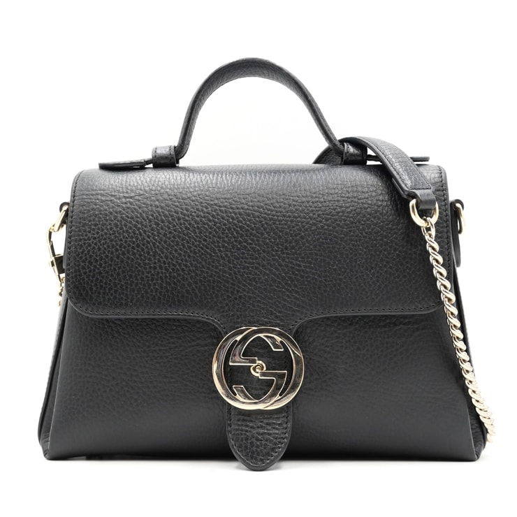GUCCI(グッチ)インターロッキングG チェーンショルダーバッグ ハンドバッグ ブラック レザー ゴールド金具 2WAY レディース【中古】