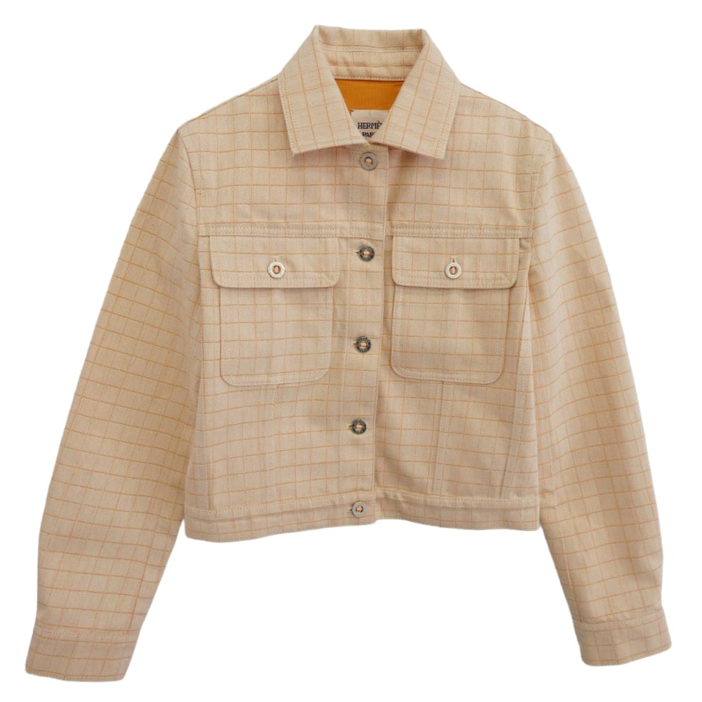 HERMES エルメス デニムジャケット 25AW H5H0251DGA336 ロゴレザーパッチ タッタソール デニム ジャケット オレンジ系 34【極上美品】【中古】