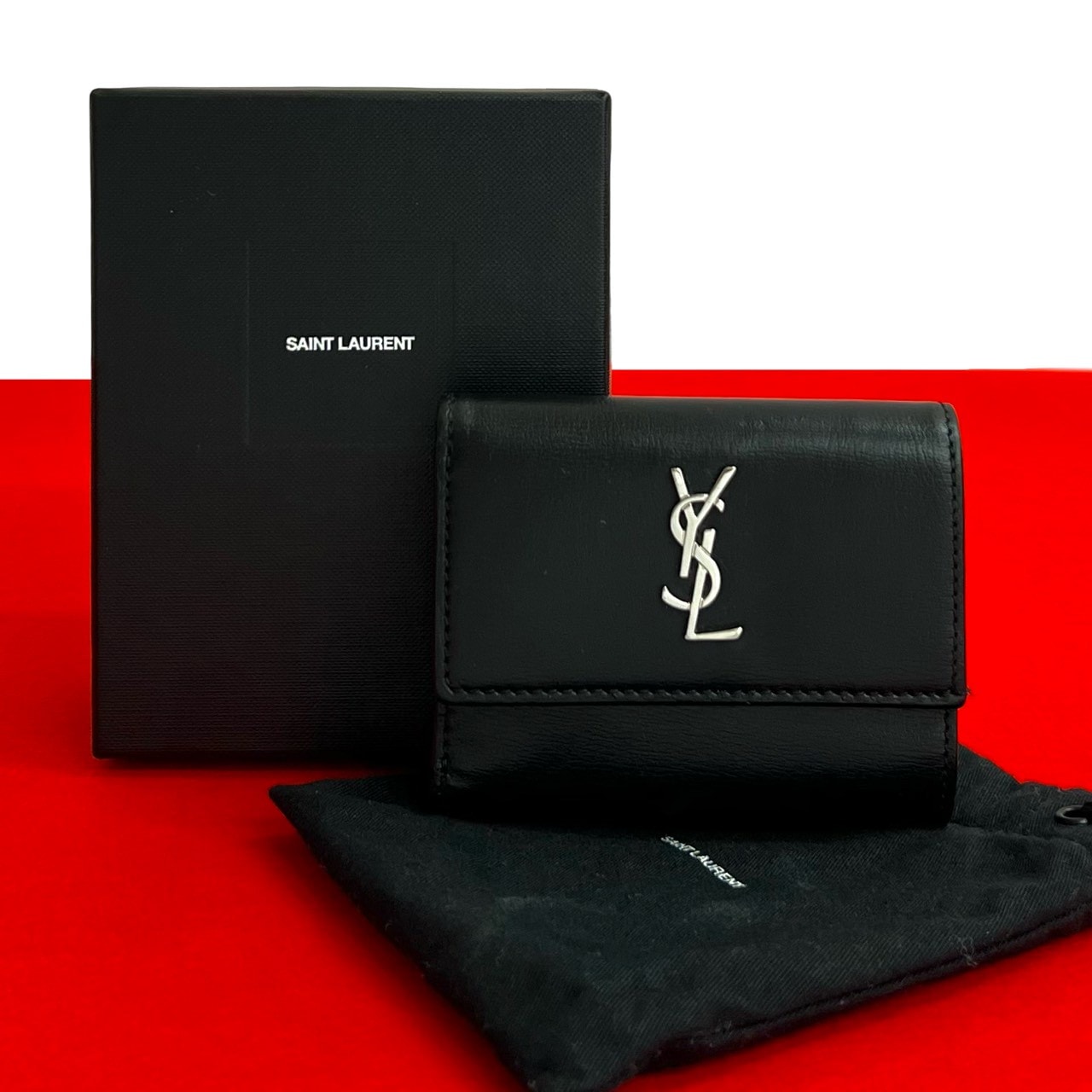 SAINT LAURENT PARIS サンローランパリ YSL ロゴ 金具 レザー 三つ折り財布 ブラック
 96575