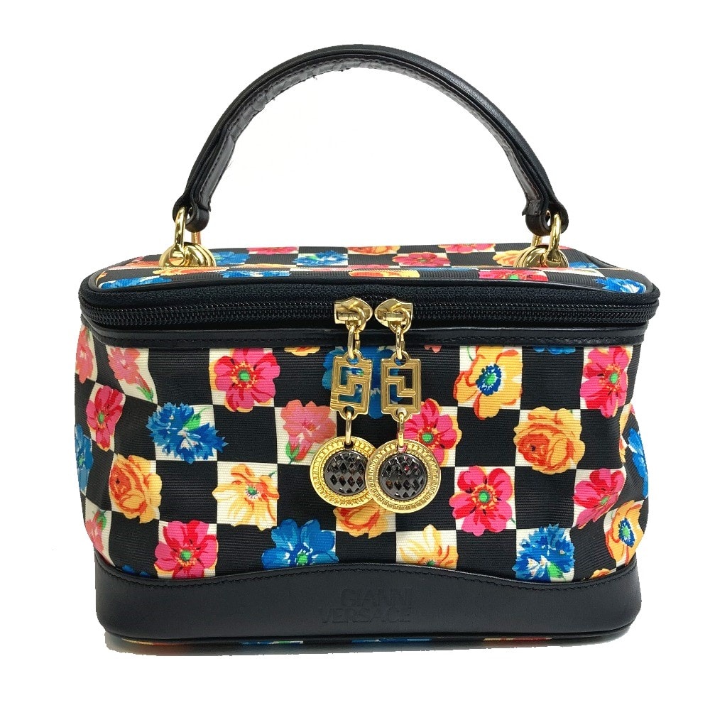 ヴェルサーチ VERSACE 花柄 総柄 フラワー フローラル カバン ハンドバッグ バニティバッグ ナイロン/レザー ブラック×マルチカラー