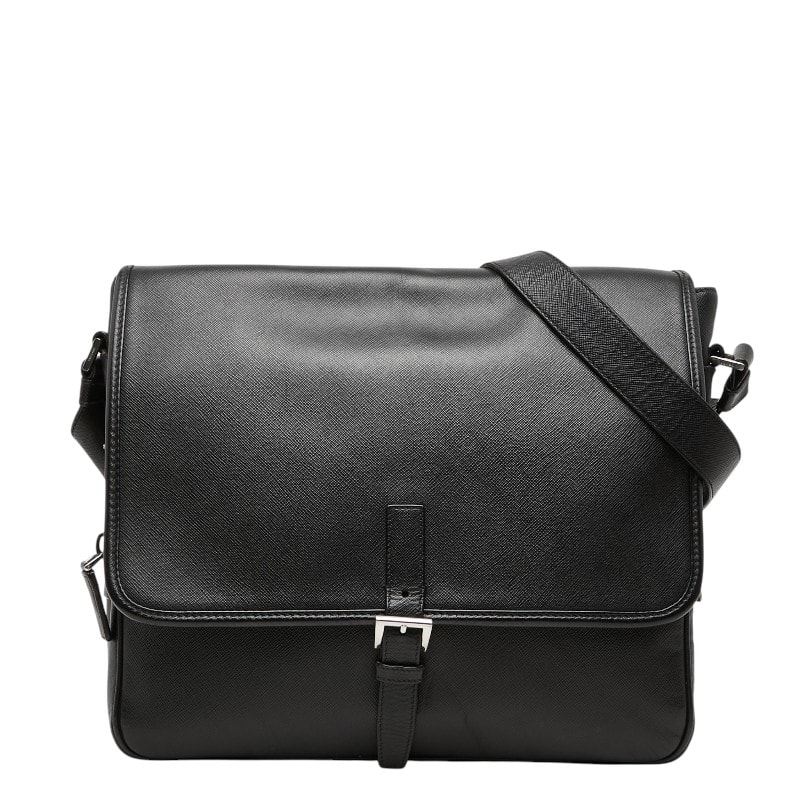 プラダ 三角ロゴプレート ショルダーバッグ メッセンジャーバッグ ブラック サフィアーノレザー レディース PRADA 【中古】