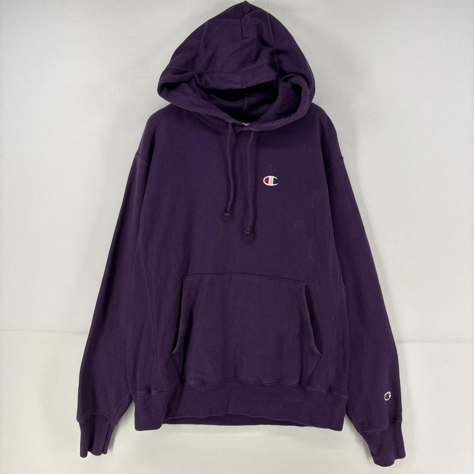 古着 チャンピオン Champion パーカー プルオーバー 刺繍 リバースウィーブ ワンポイント ロゴ M パープル 無地 メンズ