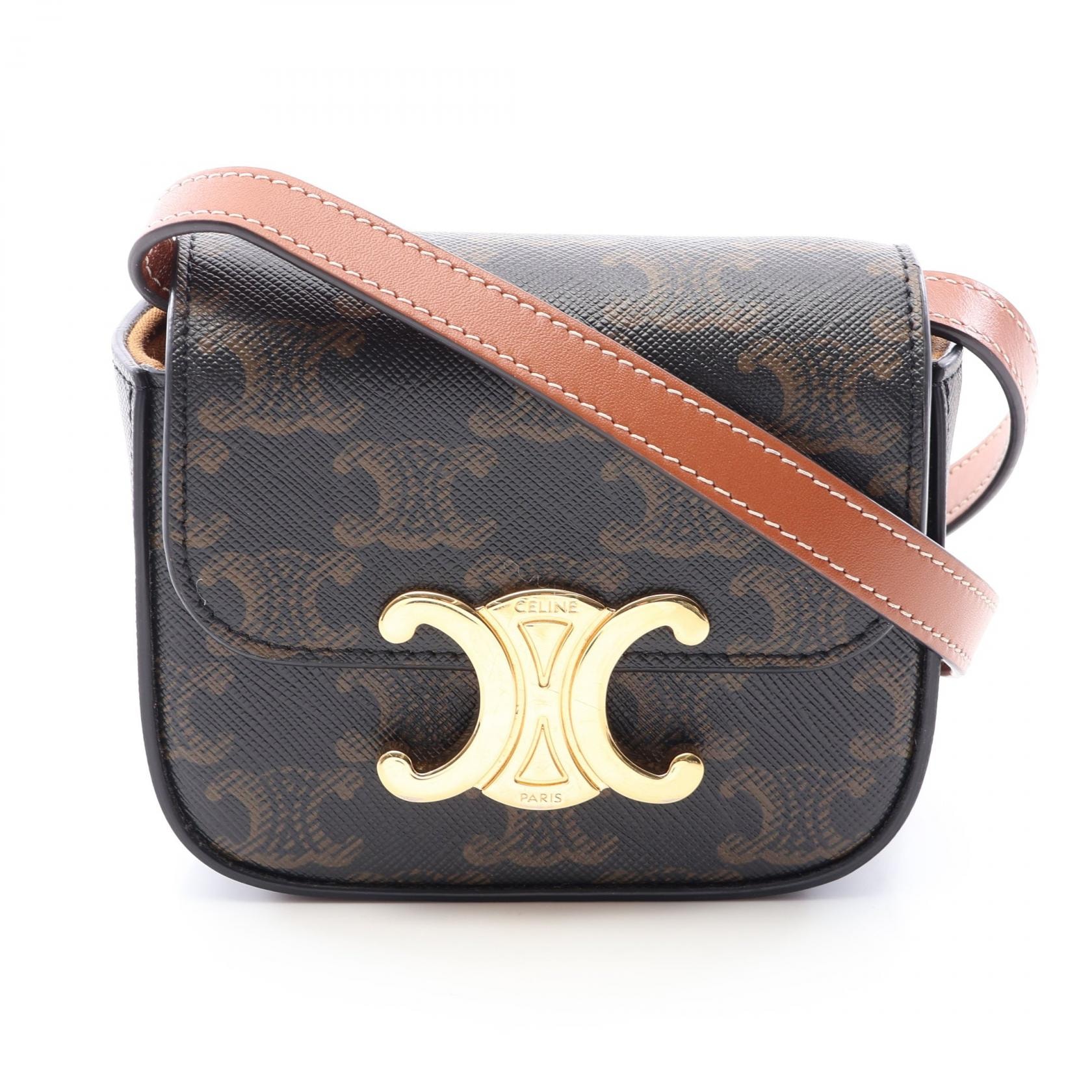 セリーヌ CELINE ミニクロード トリオンフ ショルダーバッグ バッグ PVCコーティングキャンバス レザー レディース ブラック系 / ブラウン系 【中古】