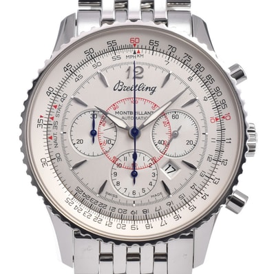ブライトリング BREITLING A41370 ナビタイマー モンブリラン クロノグラフ デイト シルバー 自動巻き メンズ 美品 箱付き 腕時計 Q#148838