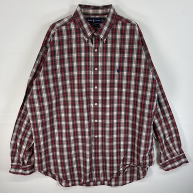 古着 90's/90年代 ラルフローレン RALPH LAUREN 長袖シャツ ボタンダウンシャツ ロゴ 刺繍 チェック XL レッド系 マルチカラー メンズ