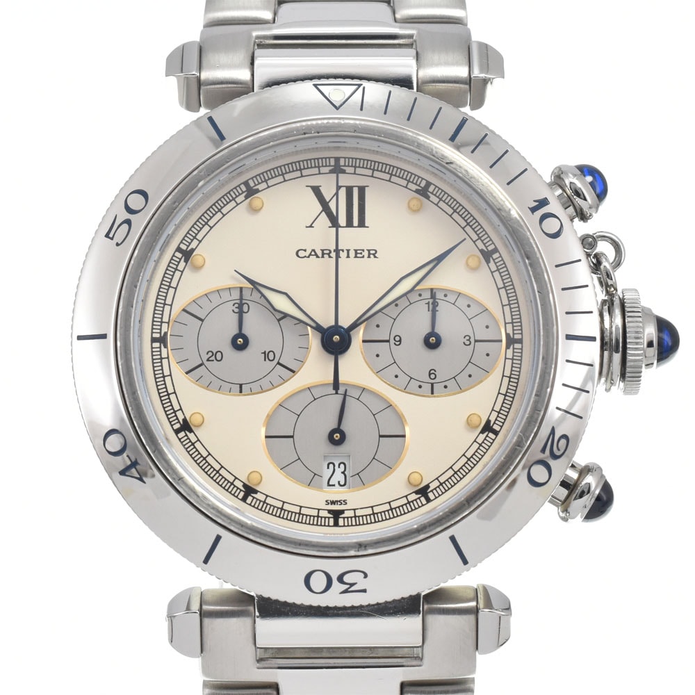 カルティエ CARTIER W31004H3 パシャ38mm クロノグラフ アイボリー/シルバー クォーツ メンズ 美品 腕時計 D#147035
