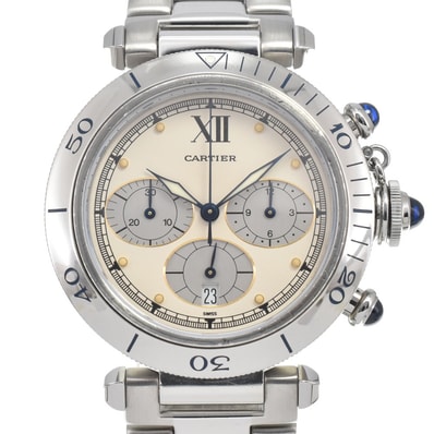 カルティエ CARTIER W31004H3 パシャ38mm クロノグラフ アイボリー/シルバー クォーツ メンズ 美品 腕時計 D#147035
