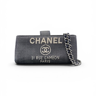 CHANEL 希少 美品 シャネル ドーヴィル デニム チェーンショルダーバッグ 16年クルーズ 21番台シリアル ネイビー シルバー金具 ポシェット ロゴ ABランク 中古 鑑定済 シャネルバッグ