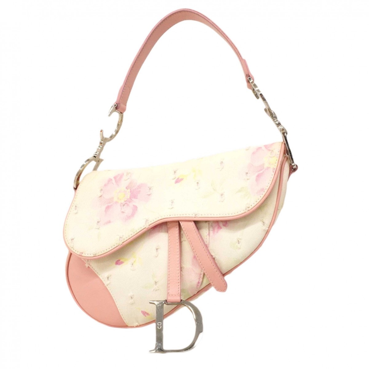 【6dc3972】クリスチャンディオール ハンドバッグ サドル キャンバス アイボリー ピンク シルバー金具【中古】レディース