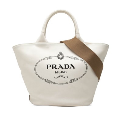 プラダ 三角ロゴプレート カナパ トートバッグ ショルダーバッグ 2WAY 1BG186 ホワイト キャンバス レディース PRADA 中古