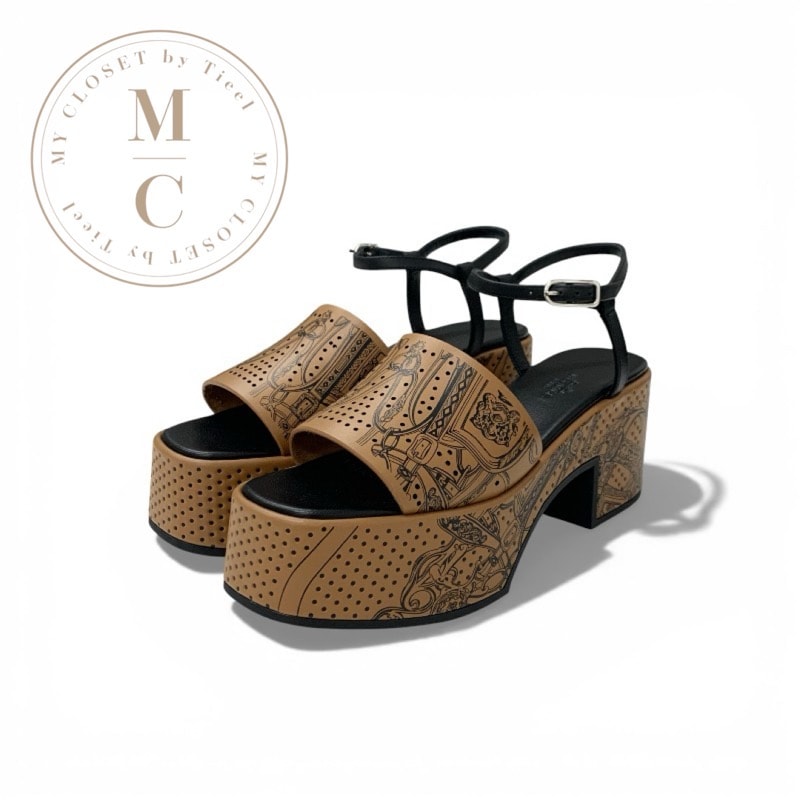 エルメス HERMES ケルヴェラ サンダル 靴 シューズ レザー ブラウン ブラック ブリッドドゥガラアイライナーペルフォレ パンチング ストラップ プラットフォーム