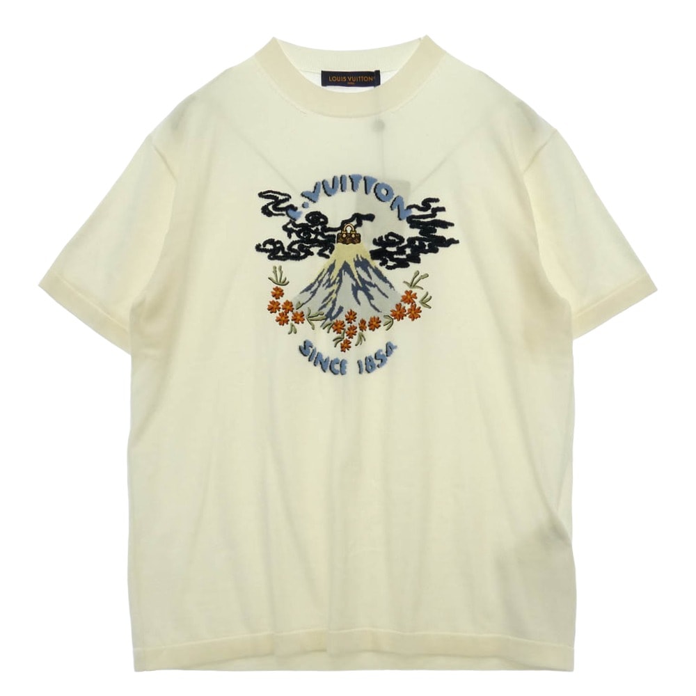 LOUIS VUITTON ルイ・ヴィトン 1AIMAU × NIGO ファレル・ウイリアムスト スリーブショート ニット クルーネック オーガニックコットン 半袖 刺繍 ロゴ サマーニット ホワイト系 XL【新古品】【未使用】【中古】