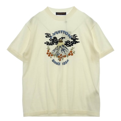 LOUIS VUITTON ルイ・ヴィトン 1AIMAU × NIGO ファレル・ウイリアムスト スリーブショート ニット クルーネック オーガニックコットン 半袖 刺繍 ロゴ サマーニット ホワイト系 XL【新古品】【未使用】【中古】