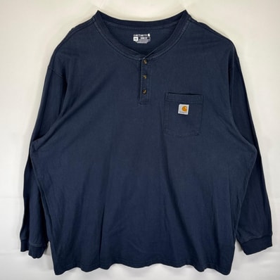 古着 カーハート Carhartt 長袖Tシャツ ヘンリーネック ワンポイントロゴ 大きいサイズ ボタン ロンT 14043 ネイビー メンズ