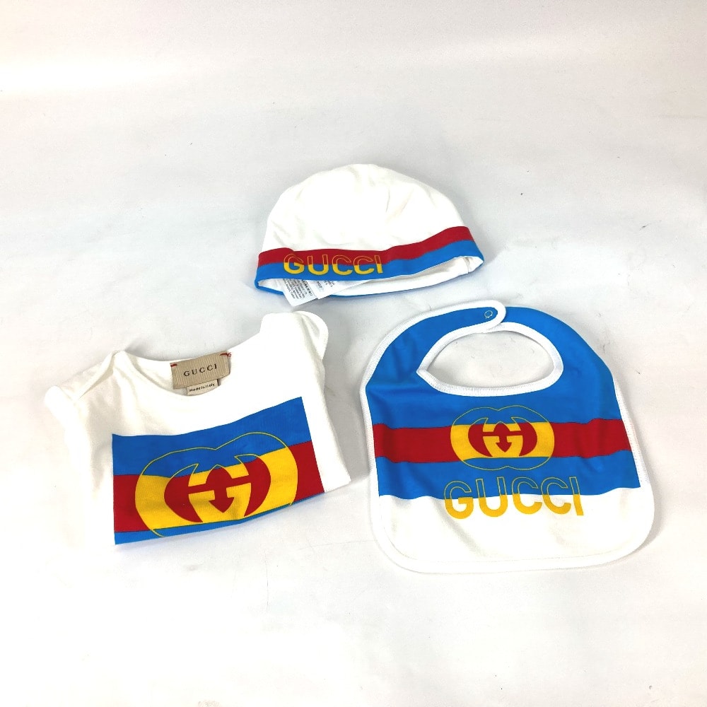 グッチ GUCCI ベビー 3ピース ギフトセット 516326 出産祝い ベビー 赤ちゃん BABY ロンパース&ニット帽&スタイ ニット帽 コットン ホワイト 未使用
