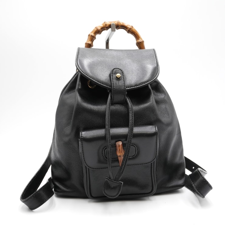 GUCCI(グッチ)バンブー ミニリュック ヴィンテージ バックパック リュックサック ブラック レザー 竹ハンドル ゴールド金具 巾着 フラップ レディース【中古】