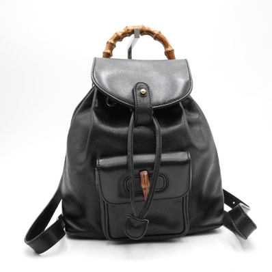 GUCCI(グッチ)バンブー ミニリュック ヴィンテージ バックパック リュックサック ブラック レザー 竹ハンドル ゴールド金具 巾着 フラップ レディース【中古】