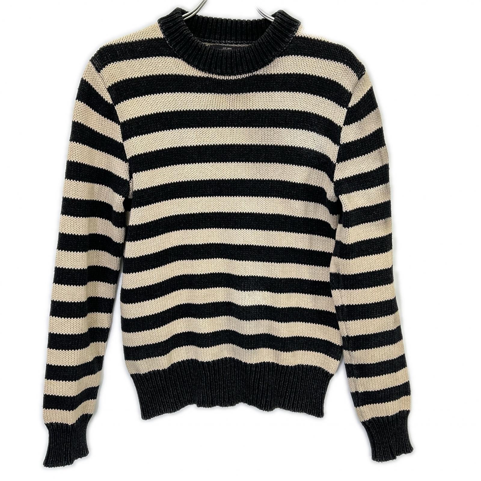 ダブルアールエル 782638093001 ベージュ×ブラック コットン クルーネック ロングスリーブボーダーニットプルオーバー XS