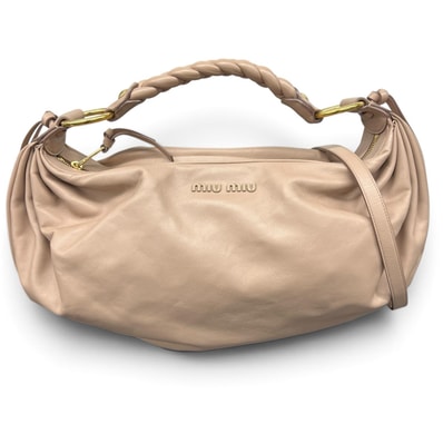 miumiu 希少 極美品 ミュウミュウ VIT.SOFTY ヴィッテロ ソフティ 2way ショルダーバッグ ワンショルダー 肩掛け 5BC079 レザー ICチップ確認済 ベージュ ロゴ 編み込み クロスボディ Aランク 中古 鑑定済 ミュウミュウバッグ