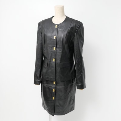 Salvatore Ferragamo サルヴァトーレフェラガモ ヴィンテージ スカートセットアップ サイズジャケット-/スカート42 ノーカラー レザージャケット タイトスカート ガンチーニ イタリア製 ブランド古着【中古】20240925/RA1287