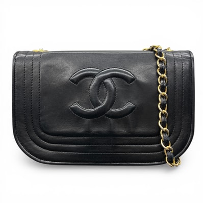 CHANEL 希少 シャネル ココマーク チェーンショルダーバッグ ラムスキン レザー ブラック ゴールド金具 0番台シリアル プッシュロック クロスボディ ポシェット ミニバッグ ヴィンテージ アンティーク Bランク 鑑定済 中古 シャネルバッグ