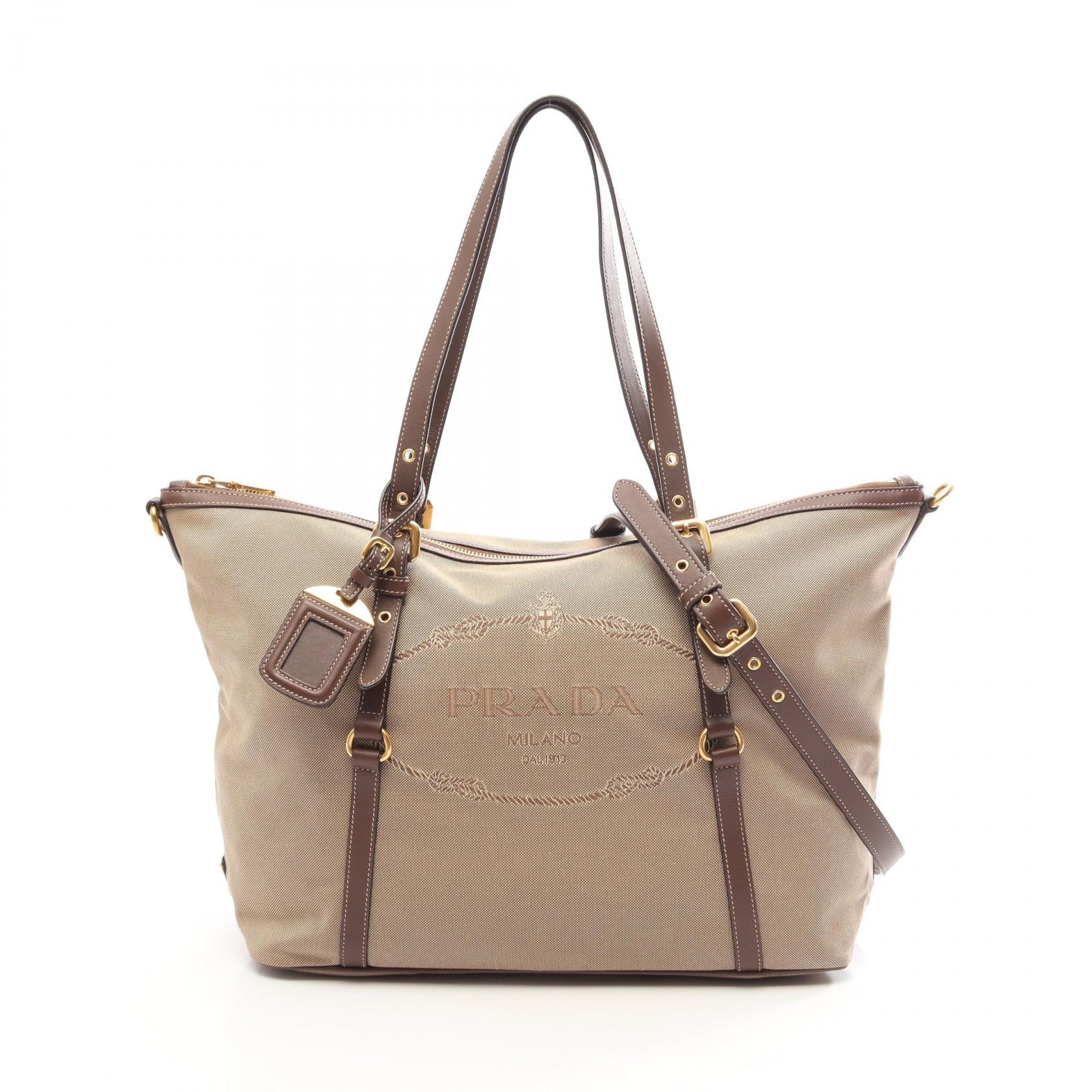 プラダ PRADA ロゴジャガード 2WAY トートバッグ バッグ キャンバス レザー レディース ベージュ系 / ブラウン系 【中古】