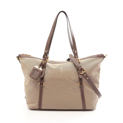 プラダ PRADA ロゴジャガード 2WAY トートバッグ バッグ キャンバス レザー レディース ベージュ系 / ブラウン系 【中古】
