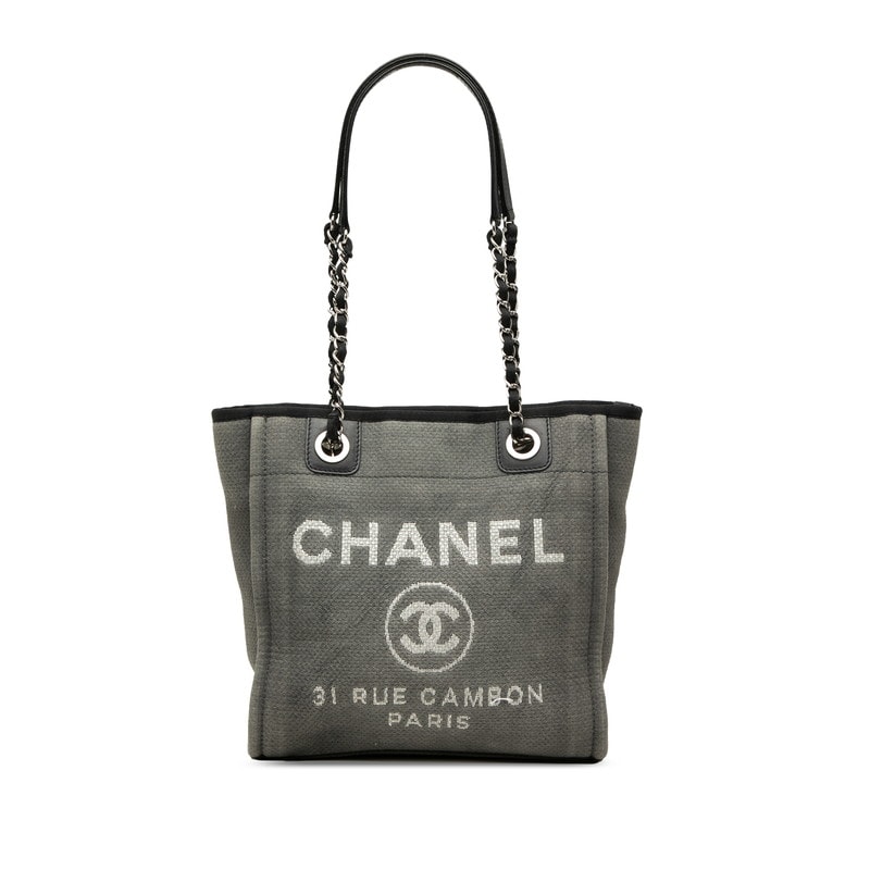 シャネル ドーヴィルPM チェーン トートバッグ ショルダーバッグ グレー ブラック キャンバス レザー レディース CHANEL 【中古】