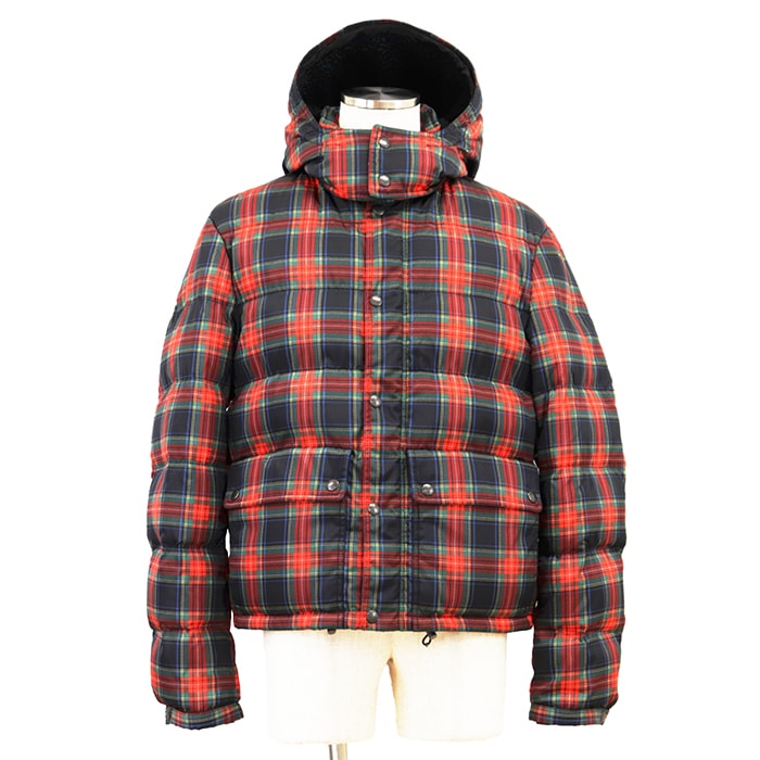 【極美品】PRADA プラダ ダウンジャケット サイズ 50 メンズ チェック フード 取り外し可能 フーデッドジャケット 防寒 アウター レッド系 赤 ブルガリア製