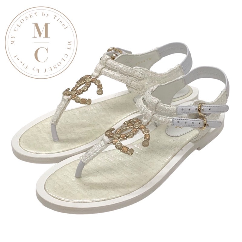 シャネル CHANEL サンダル 靴 シューズ ファブリック ホワイト 白 未使用 ツイード ココマーク ストーン トングサンダル フラットサンダル