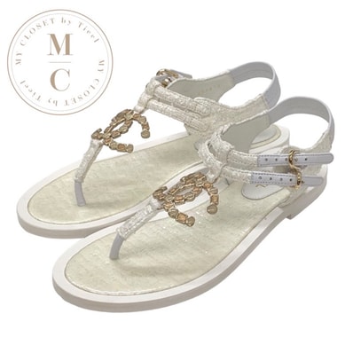 シャネル CHANEL サンダル 靴 シューズ ファブリック ホワイト 白 未使用 ツイード ココマーク ストーン トングサンダル フラットサンダル