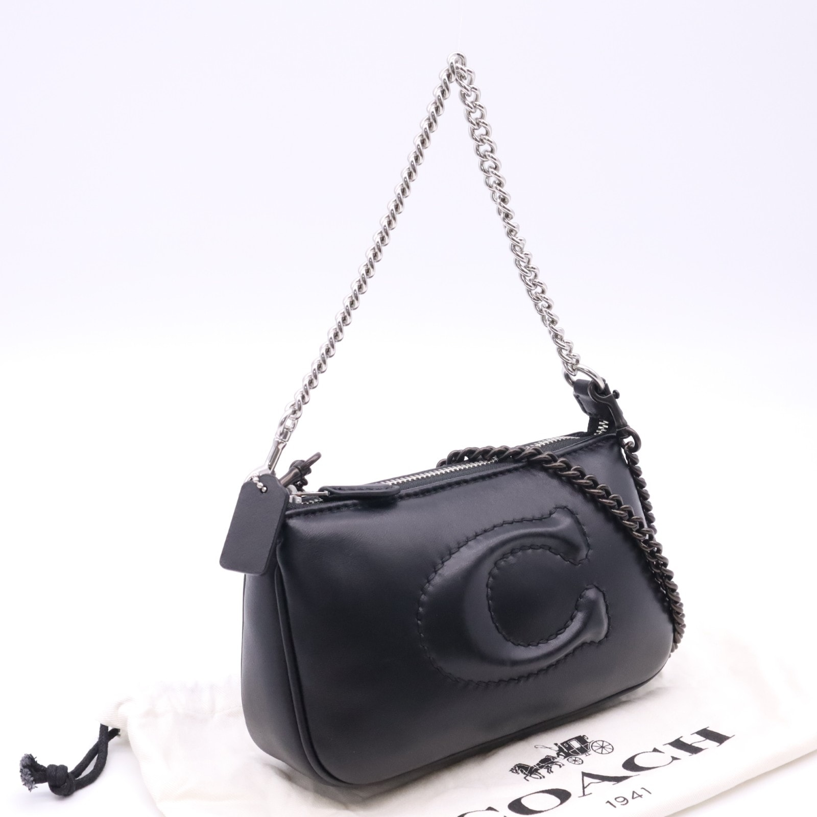 美品 COACH コーチ レザー チェーン ショルダー CJ527 2wayショルダーバッグ ブラック シルバー スムースレザー レディース