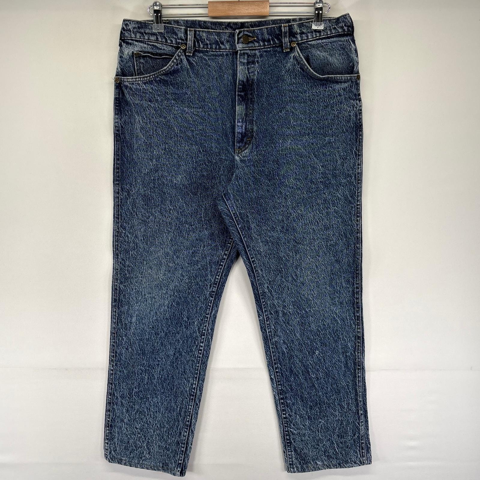 古着 リー Lee デニム パンツ Gパン ケミカルウォッシュ ジッパーフライ レザーパッチ ジーンズ ワンポイントロゴ  ブルー系 メンズ