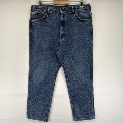 古着 リー Lee デニム パンツ Gパン ケミカルウォッシュ ジッパーフライ レザーパッチ ジーンズ ワンポイントロゴ ブルー系 メンズ
