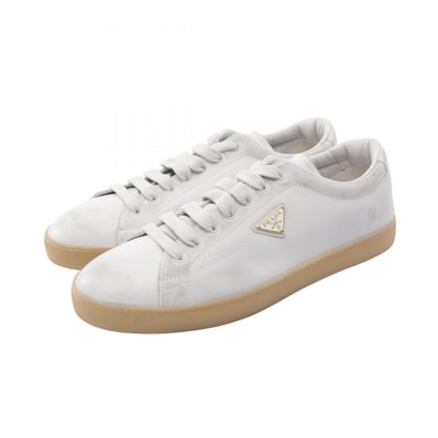 プラダ PRADA トライアングルロゴ ユーズド加工 スニーカー 靴 レザー メンズ ホワイト系 2EE413 【中古】
