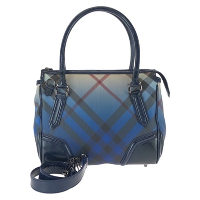 美品 BURBERRY バーバリー チェック柄 2way ブルー ガンメタ金具 PVC エナメル/ ショルダーバッグ ミニボストンバッグ 603988 【中古】