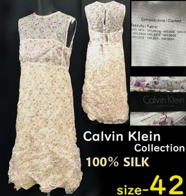イタリア製★カルバンクライン/Calvin Klein★シルク100%/春夏ノースリーブワンピース【42/レディースLL/ピンク/pink】花柄/dress◆cBH648