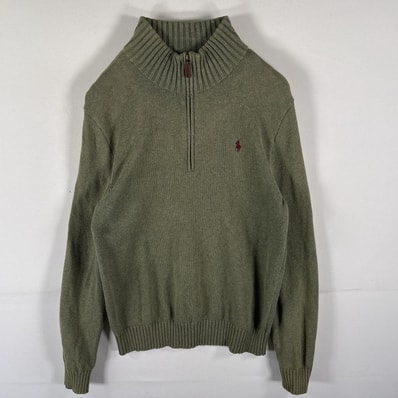 古着 ポロ・ラルフローレン POLO RALPH LAUREN セーター コットンニット ハーフジップ ワンポイントロゴ刺繍 S グリーン系 メンズ