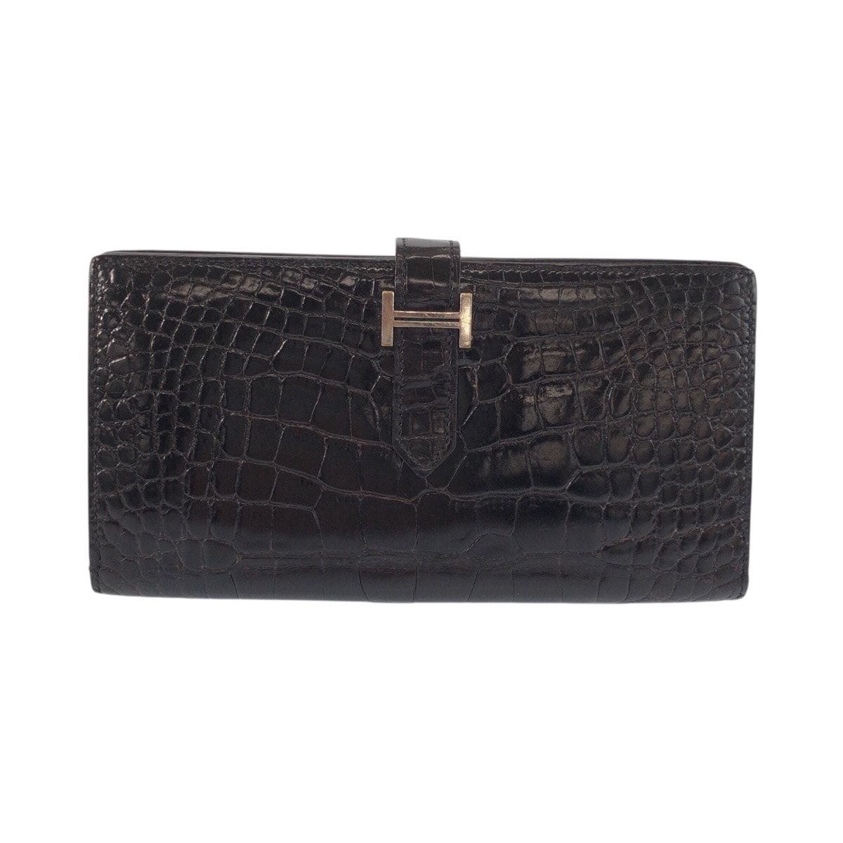 美品 HERMES エルメス ベアンスフレ クロコ ブラック 黒 シルバー金具 アリゲーター 長財布 ロングウォレット 602006 【中古】