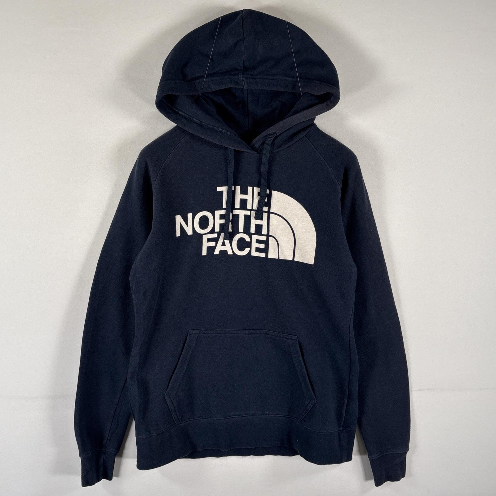 古着 ザ・ノースフェイス THE NORTH FACE パーカー スウェット ビッグロゴプリント プルオーバー フーディ S ネイビー レディース
