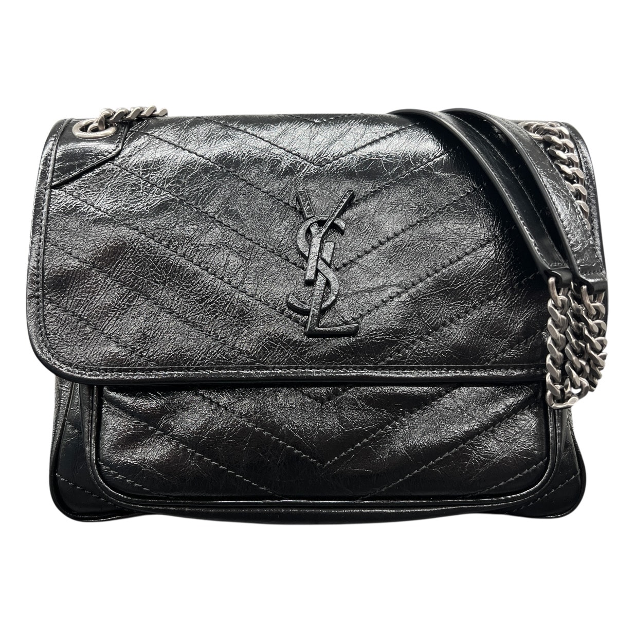 SAINT LAURENT 展示品級 サンローラン ニキ ミディアム チェーン ショルダーバッグ レザー ブラック メッセンジャーバッグ クロスボディ セミショルダー ワンショルダー SAランク 鑑定済 中古 サンローランバッグ【定価484,000円】