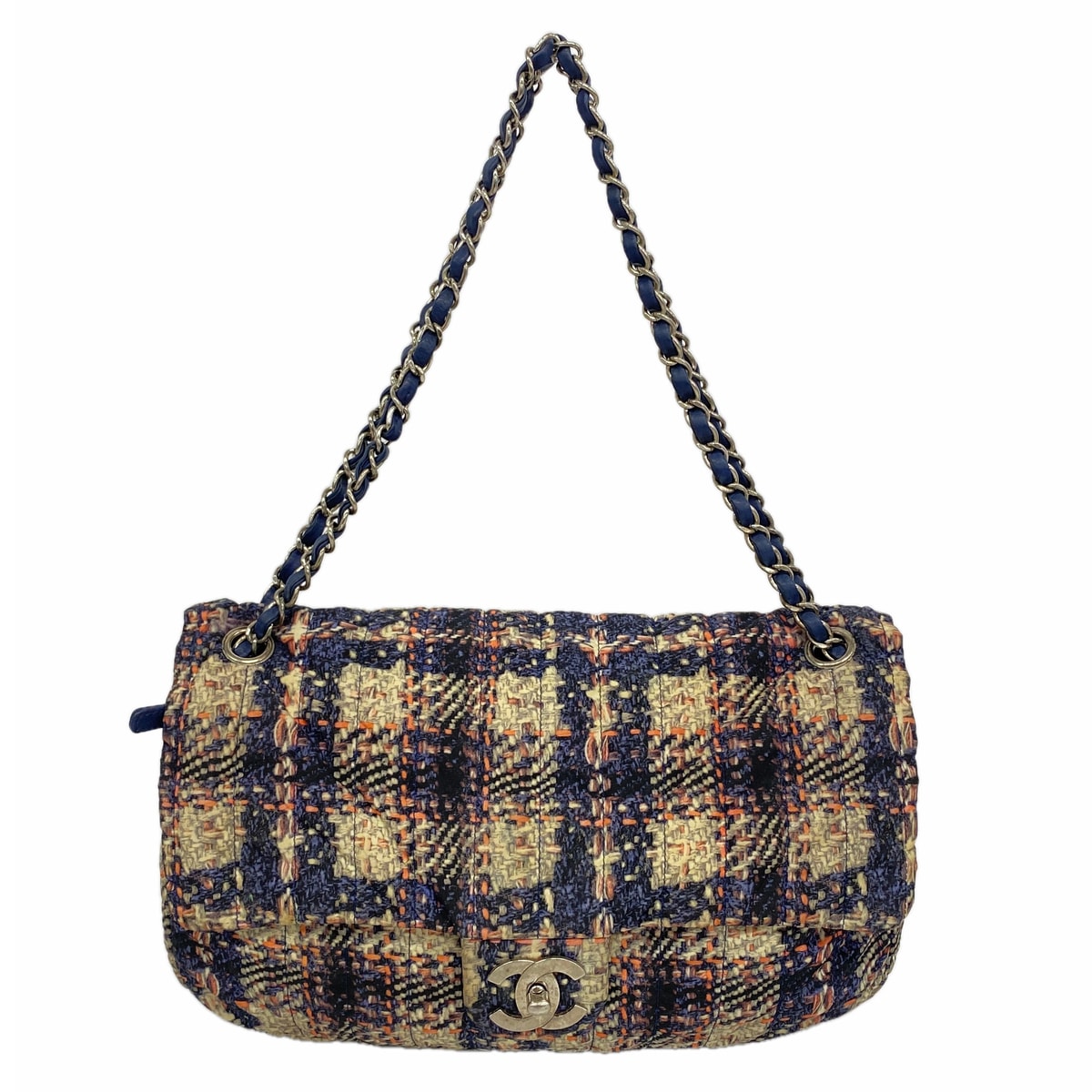 【6hb0646-k】シャネル ショルダーバッグ Wチェーン ナイロン ネイビー ベージュ ピンク シルバー金具【中古】レディース