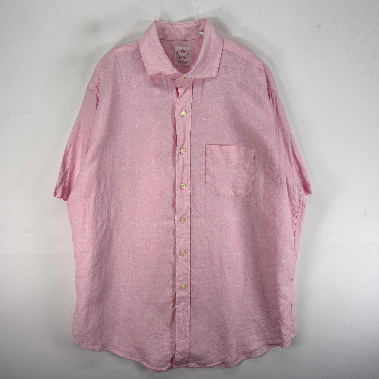 古着 ブルックスブラザーズ Brooks Brothers 半袖シャツ リネン L ピンク系 無地 メンズ