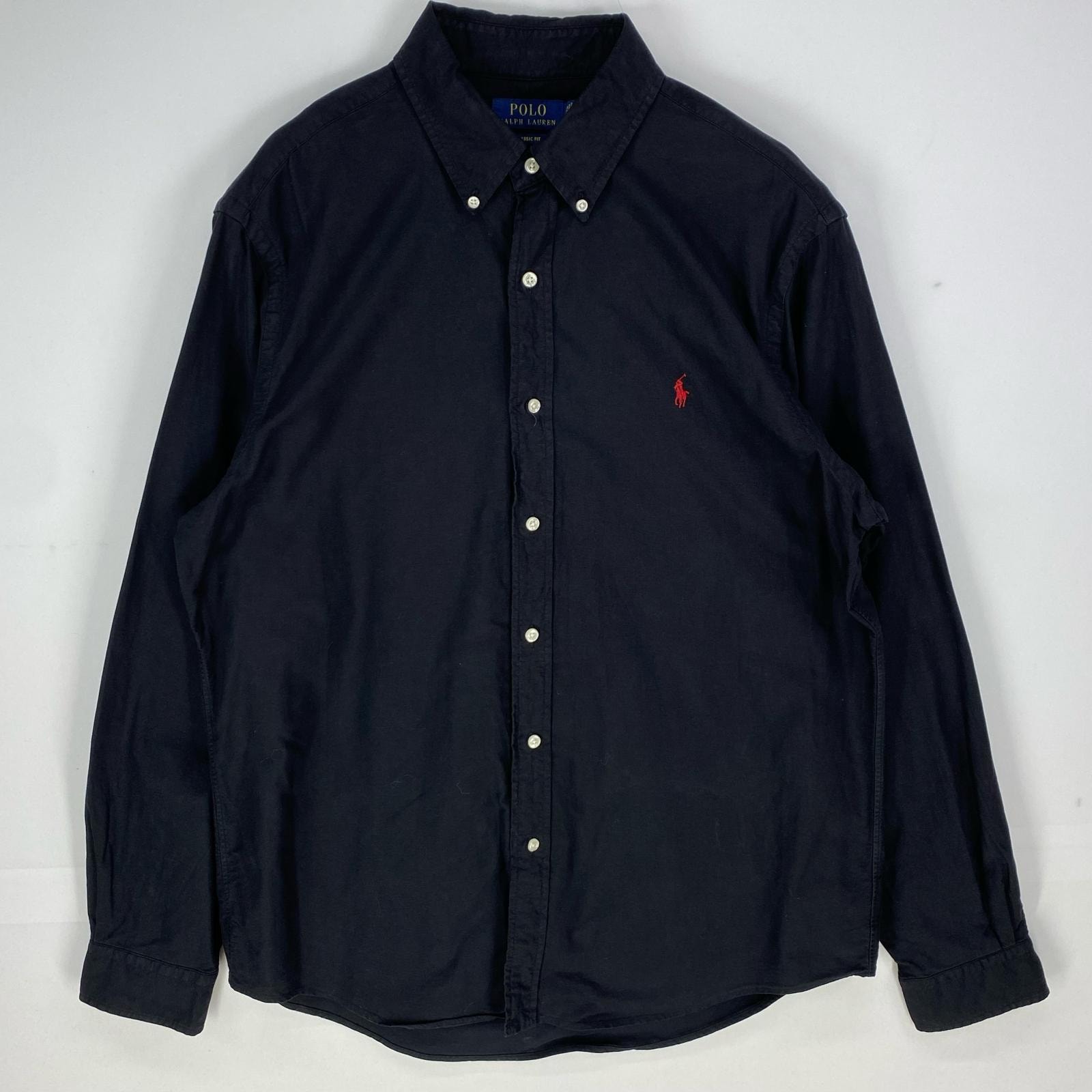 古着 ポロ・ラルフローレン POLO RALPH LAUREN 長袖シャツ ボタンダウン ワンポイントロゴ刺繍 ロングスリーブ L ブラック系 メンズ