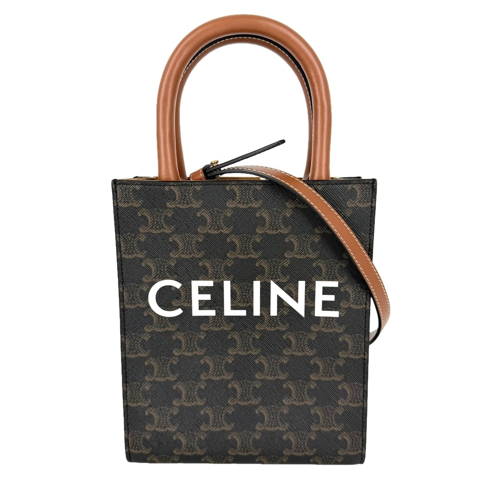 CELINE セリーヌ 2WAY トリオンフ ミニ バーティカルカバ ショルダーバッグ ハンドバッグ 肩掛け 斜め掛け PVCコーティングキャンバス レザー ブラウン 茶 ゴールド金具 レディース【中古品】